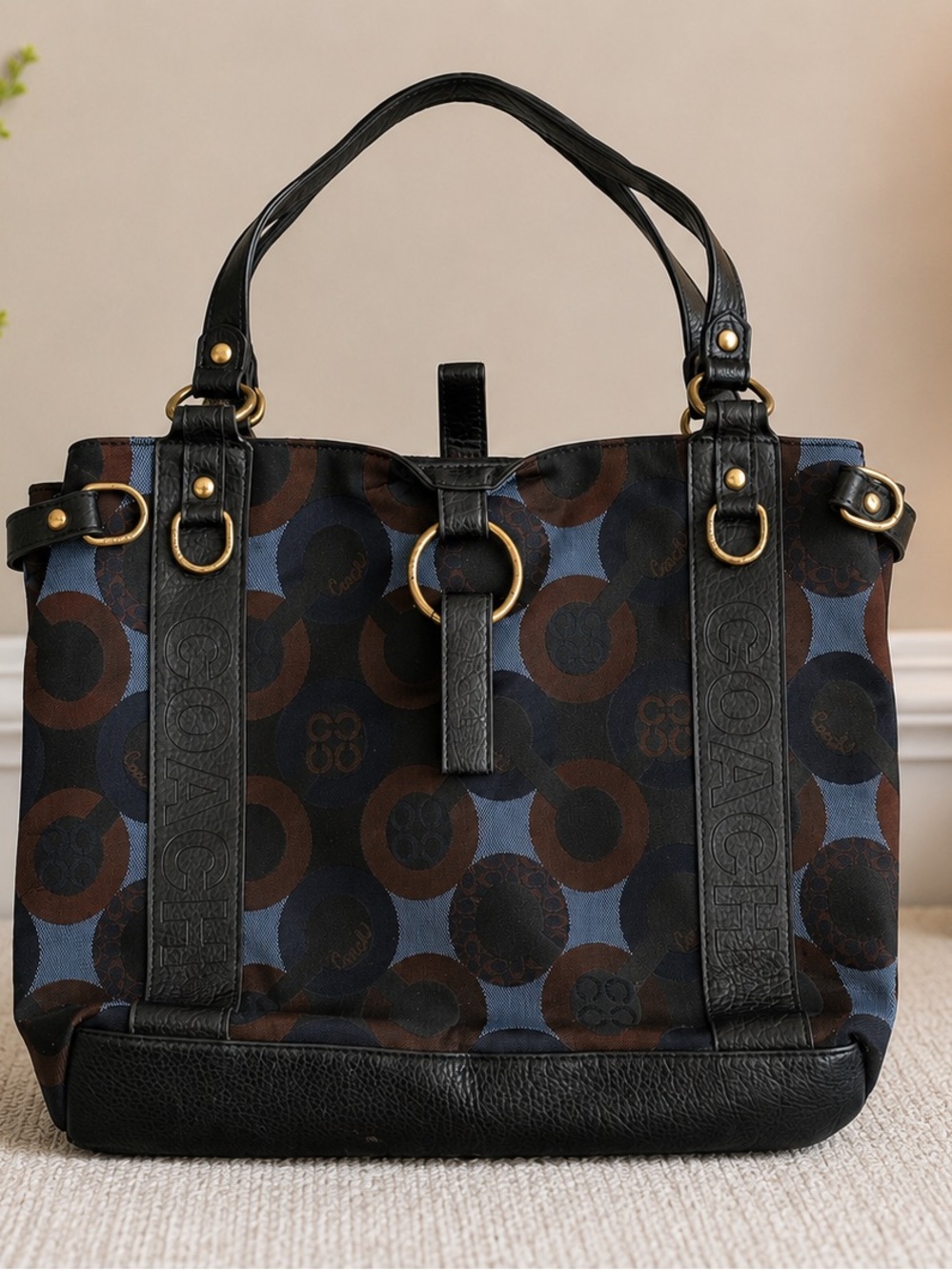 Coach Chelsea/Soho-era Optic Signature satchel Purse Brown/Blue Design Y2K